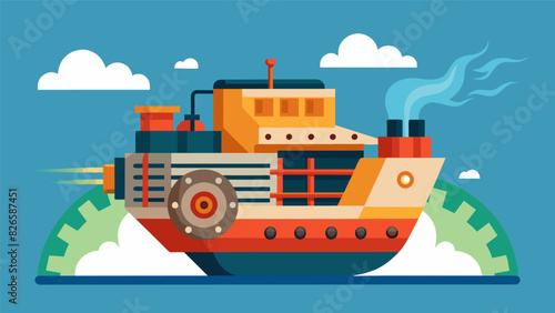 With a deafening roar the marine diesel engine shifts into high gear propelling the ship forward at breakneck speed.. Vector illustration