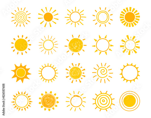 Cute sun icon collection. Hand drawn summer elements. Vector illustration