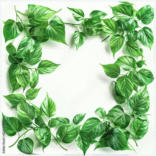 A green leafy frame with a white background