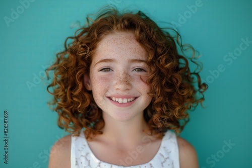 girl with curly auburn hair and freckles, smiling brightly against a teal background