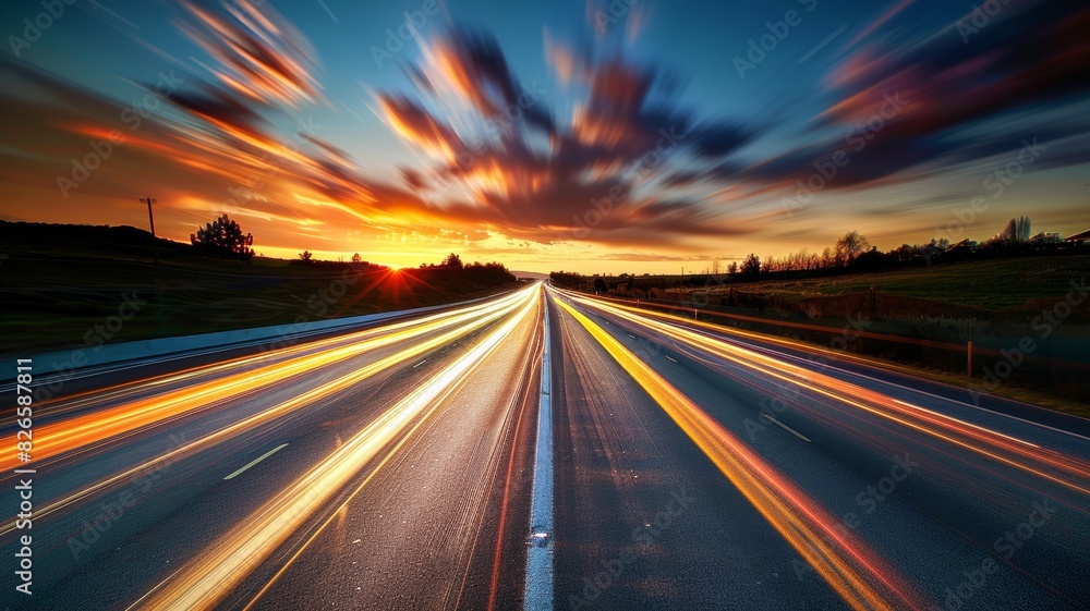 wide angle photo of a city road with a speed blur in the evening. wide angle photo of a city road with a speed blur in the evening.