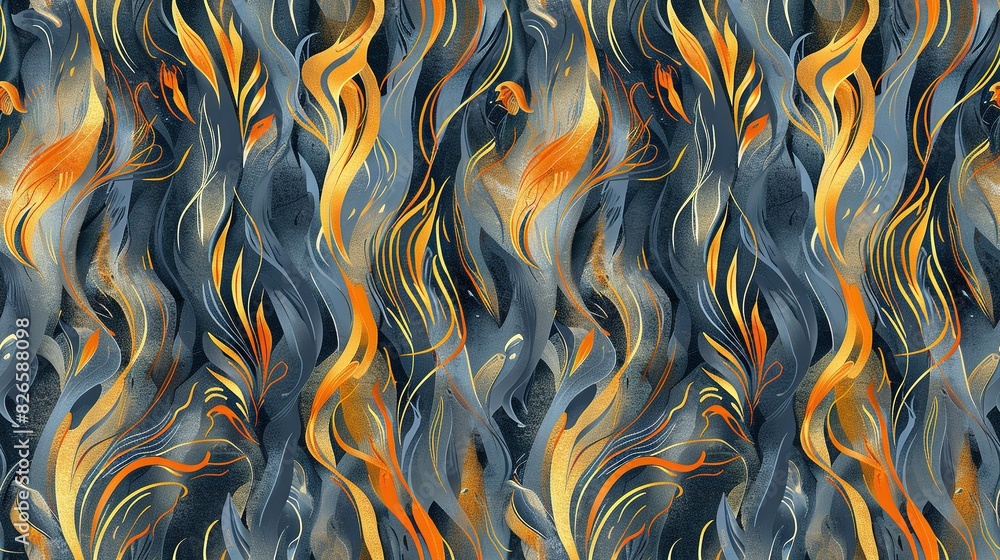 Fototapeta premium A monochrome canvas showcases vibrant orange-blue swirls against black-white backdrop; orange and yellow streaks adorn the left half