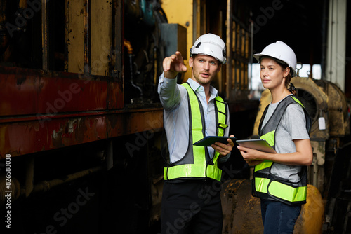 engineers or workers checking and pointing to something at construction train station