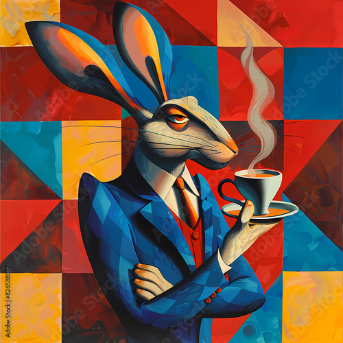 Colorful illustration of an elegant hare wearing a blue coat, red vest, white shirt and black tie, holding a cup of coffee. Geometric and colorful background