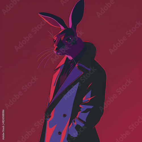 Blue and red illustration of a misterious detective hare wearing a trench coat and looking at the camera