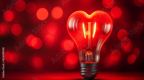 Light bulb with a heart shape glowing filament on a red background, Valentine day concept