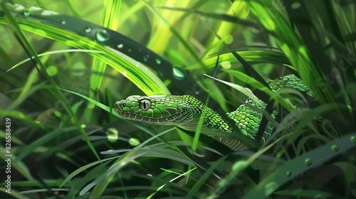 hidden danger camouflaged snake lurking in lush green grass blending nature and threat digital painting