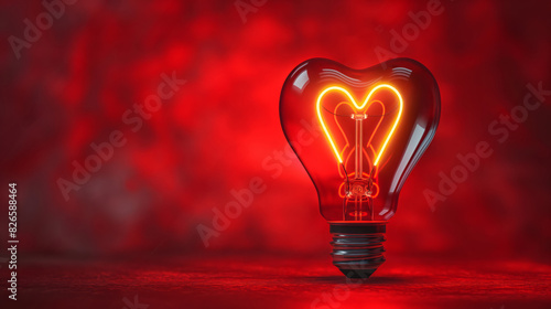 Light bulb with a heart shape glowing filament on a red background, Valentine day concept photo