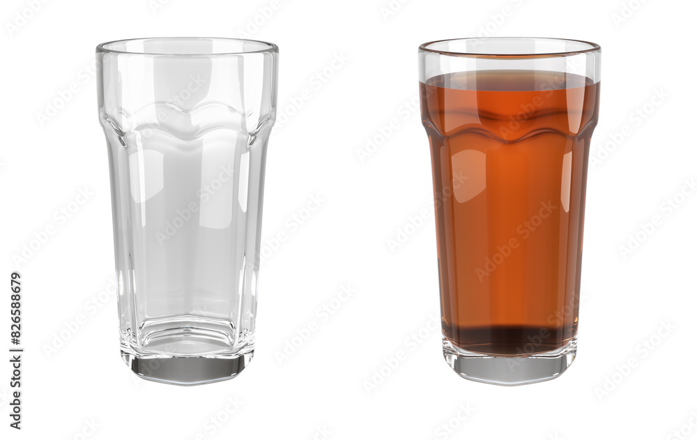 Faceted drinking glasses set. Transparent empty glass and glass of tea or juice. 3d illustration isolated on white Faceted drinking glasses set. Transparent empty glass and glass of tea or juice. 3d illustration isolated on white