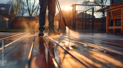 Man cleaning the terrace wooden floor with high pressure cleaner