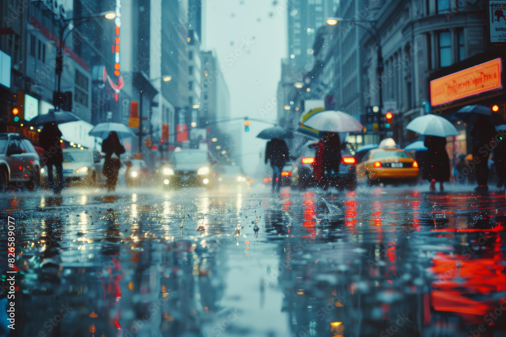 Obraz premium A rainy cityscape during the day with people walking hurriedly under umbrellas, and cars making splashes through puddles on the road.. AI generated.