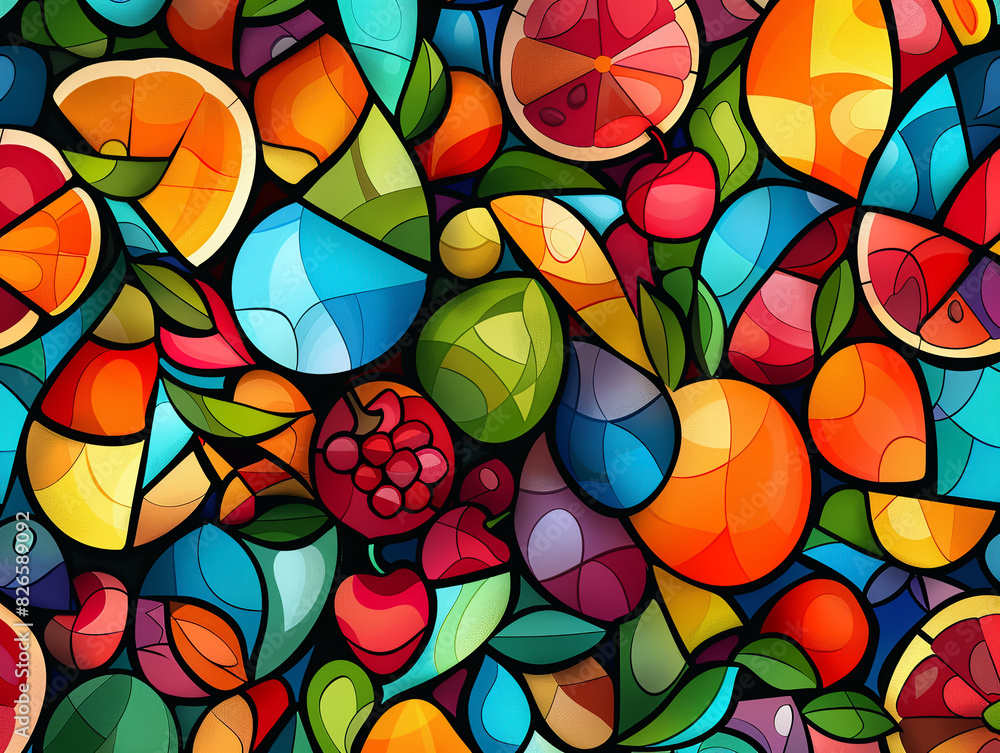 Abstract stained glass effect with fruit motifs, vibrant and contrasting colors, intricate patterns, high-detail, artistic and visually stunningvector illustrations Abstract stained glass effect with fruit motifs, vibrant and contrasting colors, intricate patterns, high-detail, artistic and visually stunningvector illustrations