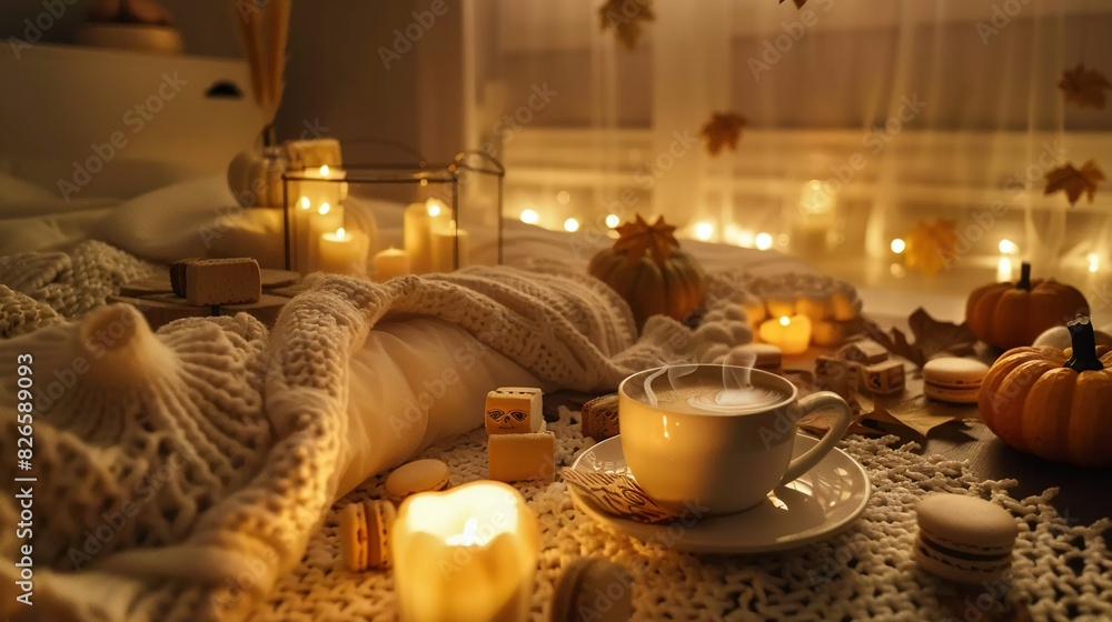 A coffee mug perched atop a dish on a table beside a flickering candle A coffee mug perched atop a dish on a table beside a flickering candle