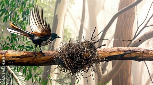   A bird perched atop a tree limb adjacent to a bird's nest on a neighboring branch photo