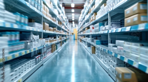 Modern warehouse interior showcasing organized shelves filled with various products in a logistic center. Generative Ai