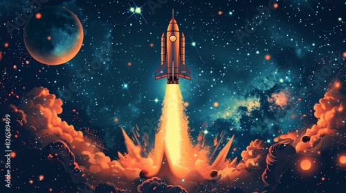 A painting depicting a space rocket soaring into the sky  leaving billows of smoke as it ascends toward outer space.