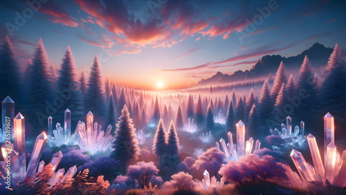 Enchanted Crystal Sunrise in Mystical Forest