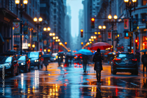 A rainy cityscape at dusk with street lamps glowing  people walking with umbrellas  and reflections of the lights on wet streets.. AI generated.
