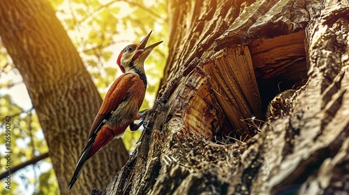   A bird sat on the tree trunk's edge, basking under the dappled sunlight filtering through the leaves above