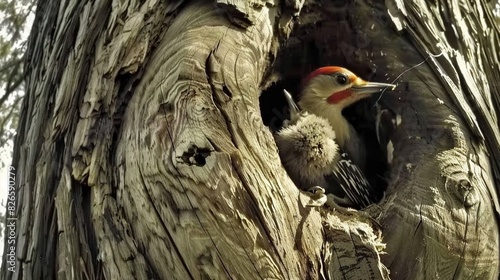   A woodpecker emerges from a tree s hollow bark