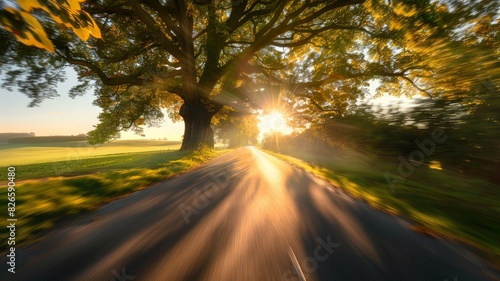 wide angle photo of a road tree on sides with a speed blur and sun flare