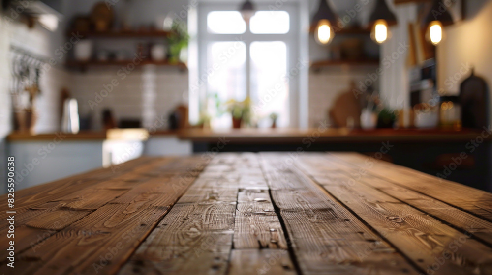 Blurred kitchen setting with a wooden table top in the foreground, ideal for product mock-ups or design displays in a cozy environment. Blurred kitchen setting with a wooden table top in the foreground, ideal for product mock-ups or design displays in a cozy environment.