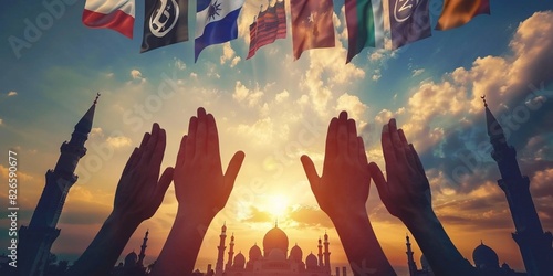 Ramadan kareem concept: Muslim prayer open empty hands with palms up over blurred mosque on sunset background photo