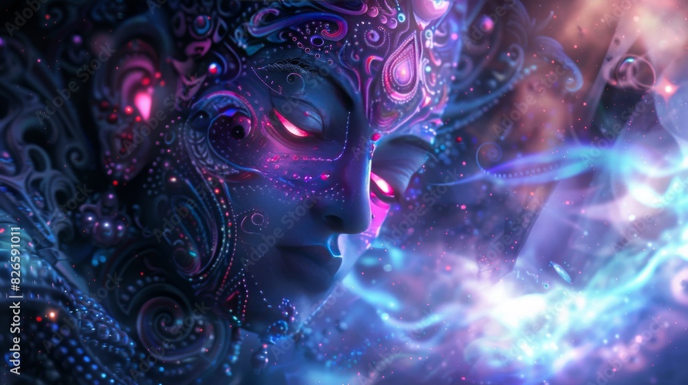 Mystical digital art of an ethereal being adorned with glowing intricate patterns in a cosmic ethereal background. Mystical digital art of an ethereal being adorned with glowing intricate patterns in a cosmic ethereal background.