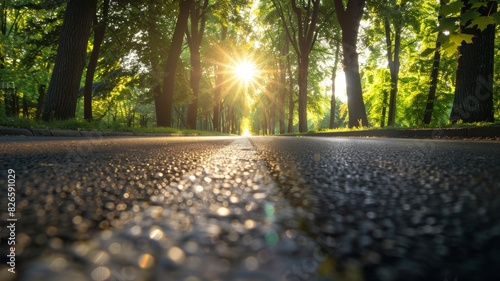 wide angle photo of a road tree on sides with a speed blur and sun flare photo