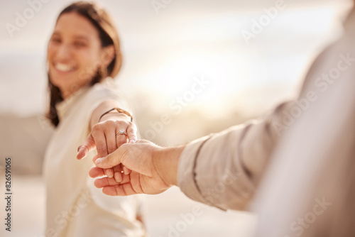 Konstfotografi Engagement, hands and love with couple on beach together for date, milestone or romance in summer