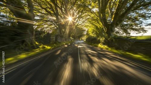 wide angle photo of a road tree on sides with a speed blur and sun flare