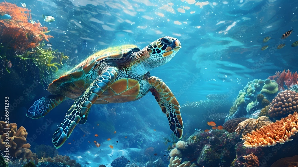 Graceful Sea Turtle Swimming Amidst Vibrant Coral Reef Symbolizing the Importance of Marine Conservation Graceful Sea Turtle Swimming Amidst Vibrant Coral Reef Symbolizing the Importance of Marine Conservation
