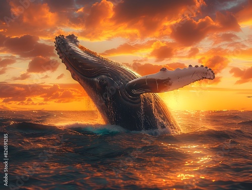 Majestic Humpback Whale Breaching the Sunset Painted Ocean Surface © Thares2020