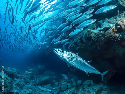 Barracuda Hunting Through Schooling Fish in the Underwater Ocean Environment © Thares2020