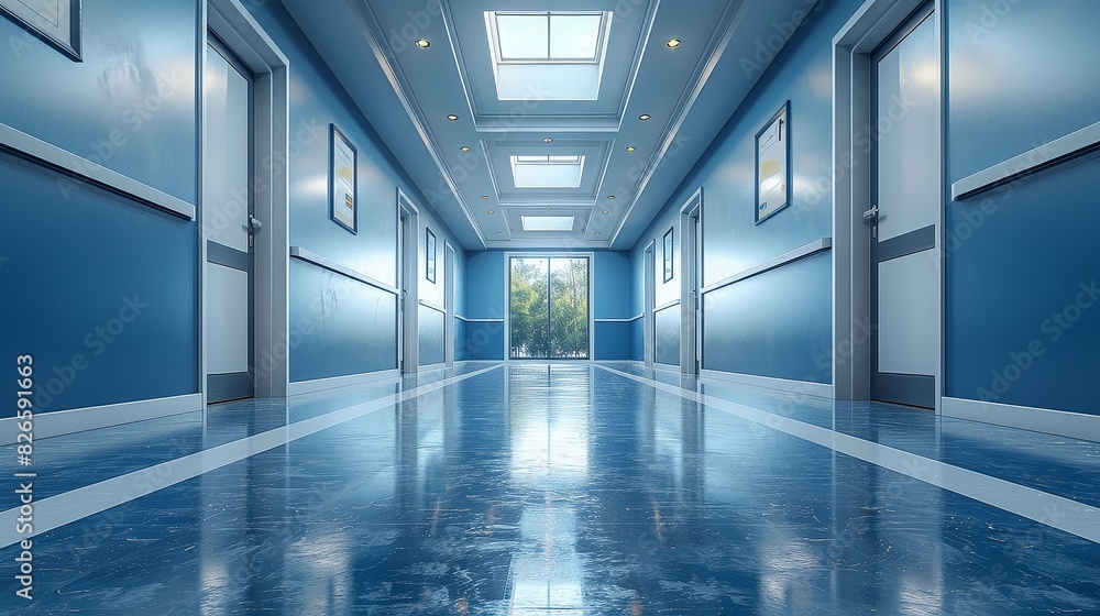 A hallway with blue walls stretching into the distance, illuminated by a skylight above, creating a bright and airy atmosphere.