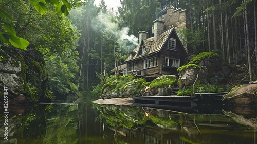   A lush forest surrounds a house perched atop it  with a tranquil body of water in the foreground