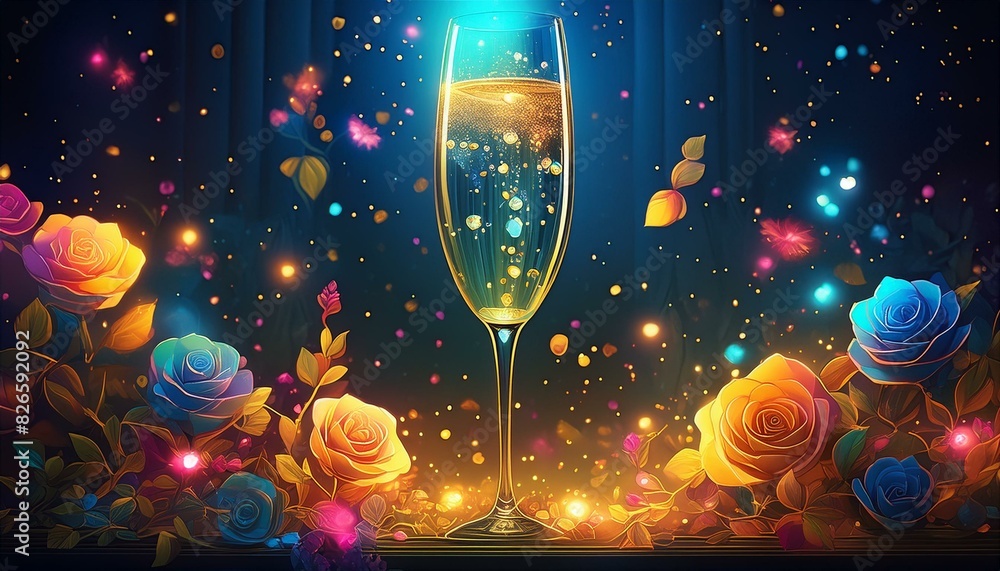 A tall flute of champagne, with golden bubbles rising elegantly, surrounded by a few scatter A tall flute of champagne, with golden bubbles rising elegantly, surrounded by a few scatter