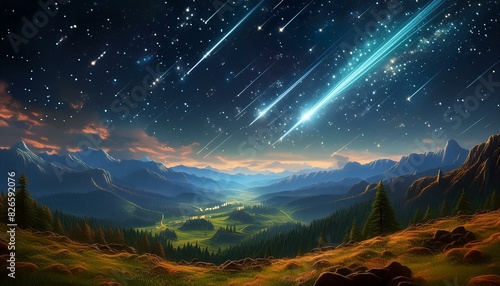  A spectacular meteor shower in a starry sky above a remote valley