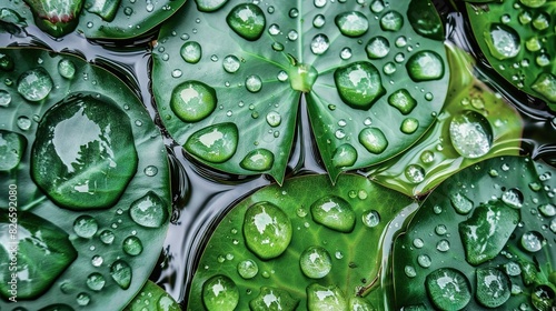   Close-up of water droplets on green leaves, with a red flower in the center and two green leaves framing it