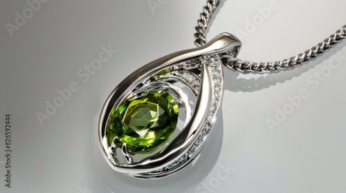 Silver pendant featuring a green peridot gemstone and diamond set against a white backdrop photo