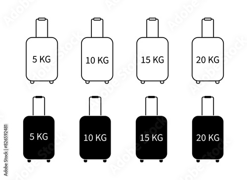 Baggage suitcase and different weight signs icons set vector isolated. Outline icons and black silhouettes. Cabin luggage graphic elements
