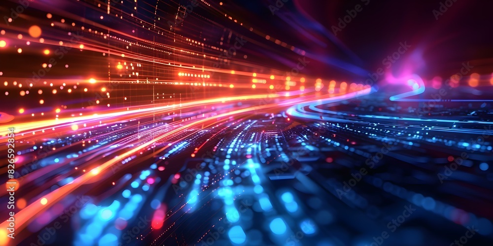 3D digital image of futuristic cyberspace technology with blue and red lights. Concept Futuristic Technology, 3D Render, Cyberspace, Blue Lights, Red Lights