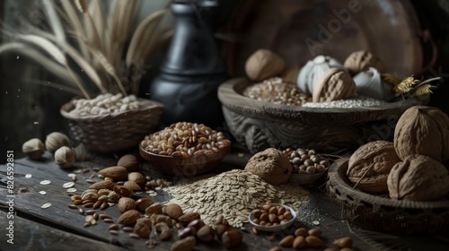 Illustrate a striking still life of an assortment of whole grains and nuts, rendered in a traditional charcoal drawing style for a raw, textured look