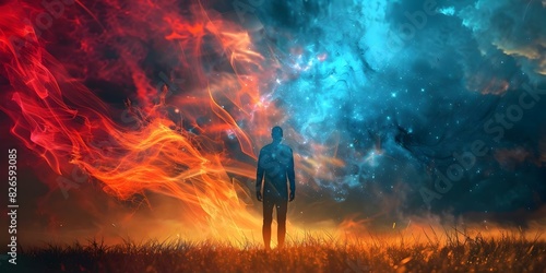 Lonely figure in open field transforms inner turmoil into galaxy of thoughts. Concept Loneliness, Nature, Emotions, Transformation, Self-Discovery photo