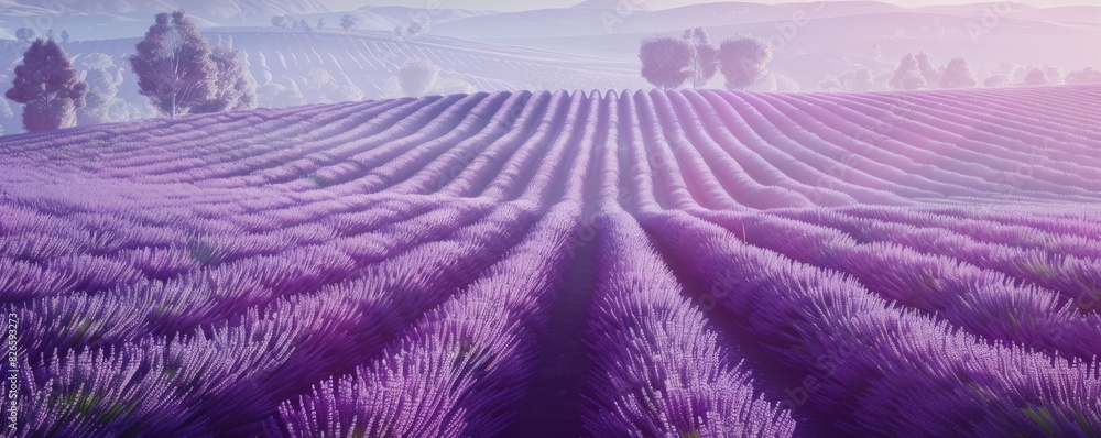 Capture the vastness and tranquility of lavender fields from a birds-eye view with a soft, watercolor technique emphasizing the calming purple hues Capture the vastness and tranquility of lavender fields from a birds-eye view with a soft, watercolor technique emphasizing the calming purple hues