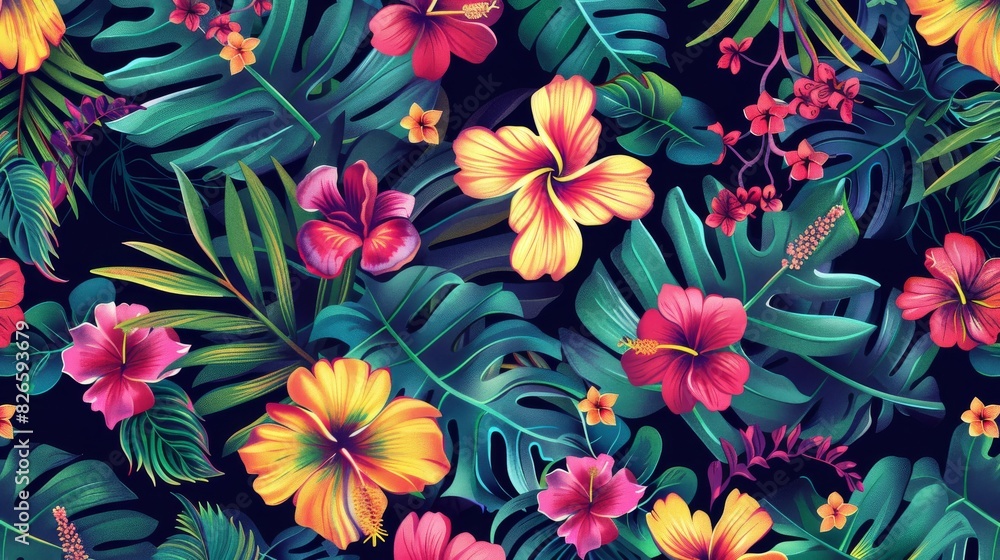 Vibrant floral pattern with tropical flowers and leaves, perfect for summer designs Vibrant floral pattern with tropical flowers and leaves, perfect for summer designs