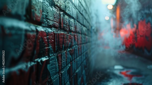 Dramatic urban sunset scene with colorful graffiti on a brick wall and mysterious smoke rising in an alley. Generative Ai photo