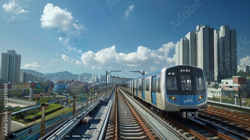 Korean City Subway with Urban Background, Blue Sky, and Outdoor Setting, Featuring Tracks Running and Subway in Motion, Ideal for Urban Transportation and Cityscape Illustrations.