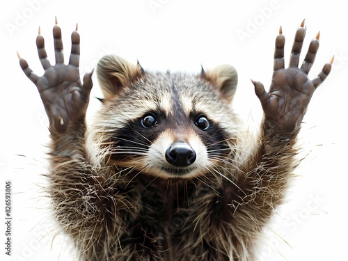AI-Generated image of A raccoon is holding its paws up in the air, looking at the camera with a smile photo
