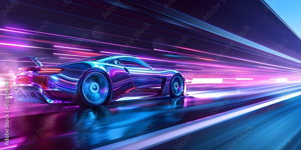Neon Cyber City: Futuristic Car Speeding Through Glowing Lights at Night. Concept Neon Lights, Futuristic Cars, Night Photography, Cityscape, Urban Exploration
